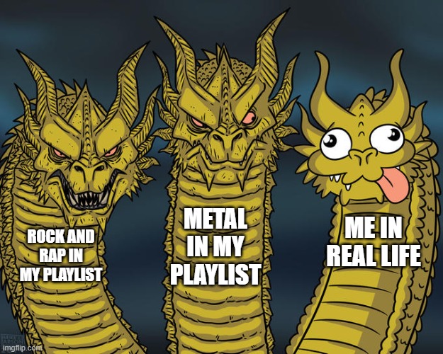 It's true though.... | METAL IN MY PLAYLIST; ME IN REAL LIFE; ROCK AND RAP IN MY PLAYLIST | image tagged in three-headed dragon,music,heavy metal,rock and roll,rap | made w/ Imgflip meme maker