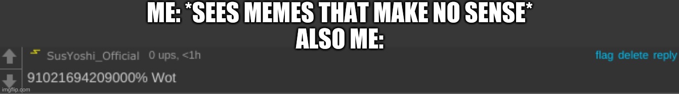 91021694209000% wot | ME: *SEES MEMES THAT MAKE NO SENSE*
ALSO ME: | image tagged in 91021694209000 wot | made w/ Imgflip meme maker