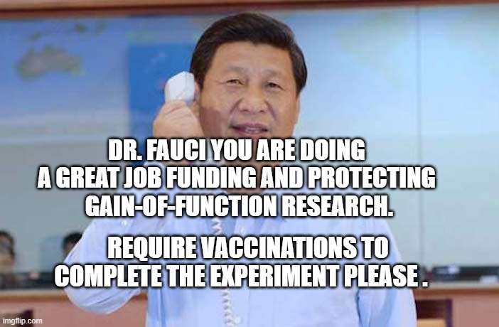 China President | DR. FAUCI YOU ARE DOING A GREAT JOB FUNDING AND PROTECTING  GAIN-OF-FUNCTION RESEARCH. REQUIRE VACCINATIONS TO COMPLETE THE EXPERIMENT PLEASE . | image tagged in china president | made w/ Imgflip meme maker