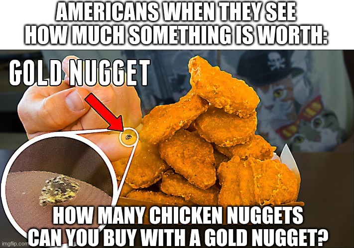AMERICANS WHEN THEY SEE HOW MUCH SOMETHING IS WORTH:; HOW MANY CHICKEN NUGGETS CAN YOU BUY WITH A GOLD NUGGET? | image tagged in memes,funny memes,chicken nuggets,gold | made w/ Imgflip meme maker