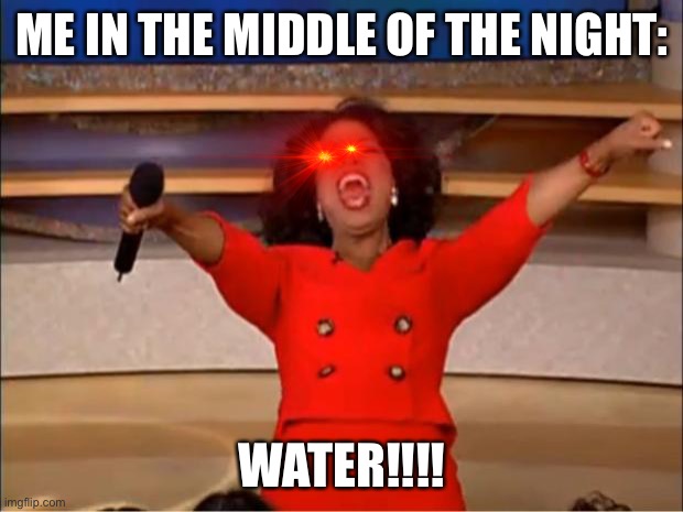 Oprah You Get A | ME IN THE MIDDLE OF THE NIGHT:; WATER!!!! | image tagged in memes,oprah you get a | made w/ Imgflip meme maker
