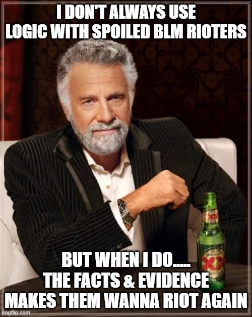 The Most Interesting Man In The World Meme | I DON'T ALWAYS USE LOGIC WITH SPOILED BLM RIOTERS; BUT WHEN I DO.....
THE FACTS & EVIDENCE MAKES THEM WANNA RIOT AGAIN | image tagged in memes,the most interesting man in the world | made w/ Imgflip meme maker