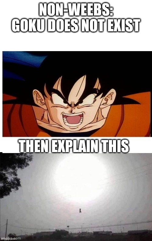 NON-WEEBS: GOKU DOES NOT EXIST; THEN EXPLAIN THIS | image tagged in memes,blank transparent square | made w/ Imgflip meme maker