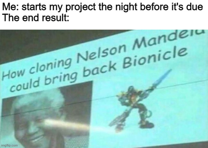 As long as it works | Me: starts my project the night before it's due
The end result: | image tagged in nelson mandela,presentation,bionicle,procrastination | made w/ Imgflip meme maker