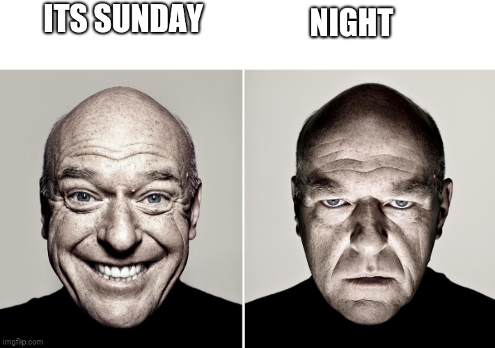 *Points gun to head* |  NIGHT; ITS SUNDAY | image tagged in dean norris's reaction,relatable | made w/ Imgflip meme maker