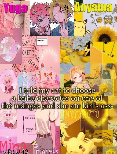 Mina and Denki Temp (tysm Yachi) | I told my cat to choose a bnha character on one of the mangas and she ate kiri's ass- | image tagged in mina and denki temp tysm yachi | made w/ Imgflip meme maker
