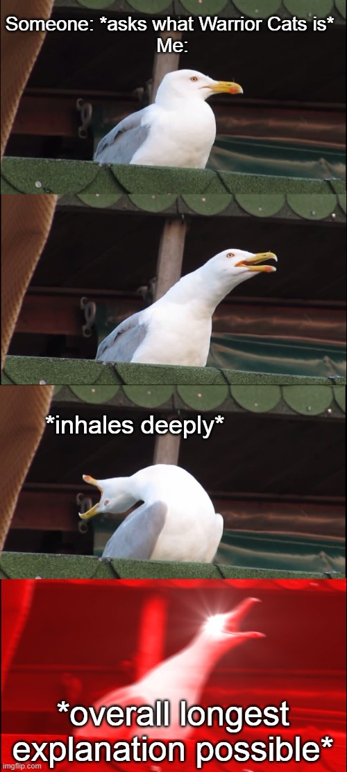 Inhaling Seagull |  Someone: *asks what Warrior Cats is* 
Me:; *inhales deeply*; *overall longest explanation possible* | image tagged in memes,inhaling seagull | made w/ Imgflip meme maker