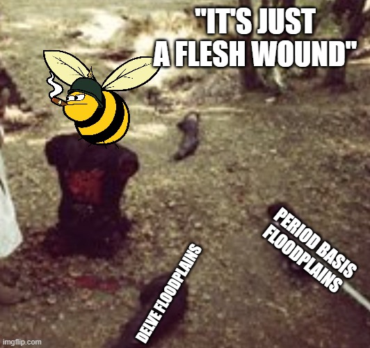 Just a flesh wound | "IT'S JUST A FLESH WOUND"; PERIOD BASIS FLOODPLAINS; DELVE FLOODPLAINS | image tagged in limbless black knight monty python | made w/ Imgflip meme maker