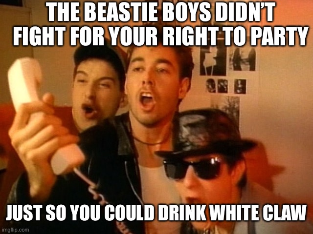 Fight for Your Right | THE BEASTIE BOYS DIDN’T FIGHT FOR YOUR RIGHT TO PARTY; JUST SO YOU COULD DRINK WHITE CLAW | image tagged in beastie boys | made w/ Imgflip meme maker