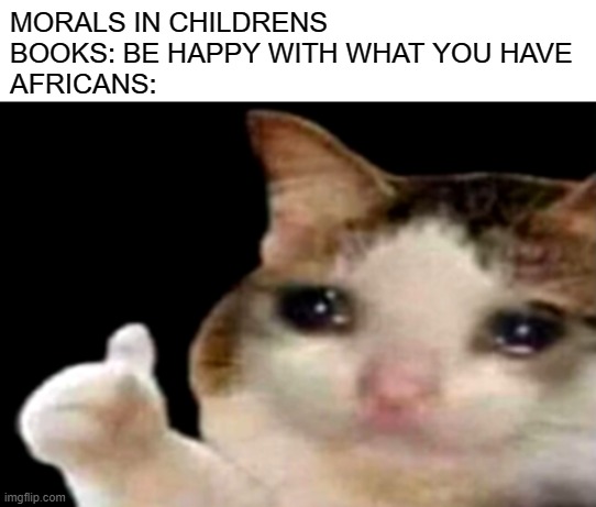 Sad cat thumbs up | MORALS IN CHILDRENS BOOKS: BE HAPPY WITH WHAT YOU HAVE
AFRICANS: | image tagged in sad cat thumbs up,meme,funny,dark humor,africa,nothing | made w/ Imgflip meme maker