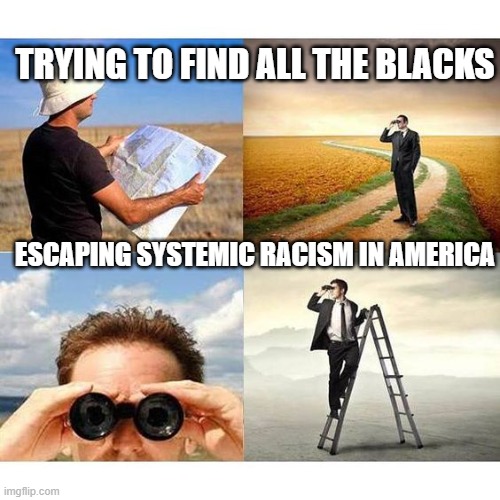 searchingForAtheistVegans |  TRYING TO FIND ALL THE BLACKS; ESCAPING SYSTEMIC RACISM IN AMERICA | image tagged in searchingforatheistvegans | made w/ Imgflip meme maker