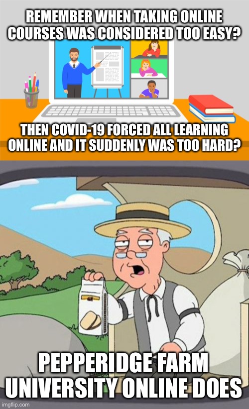 Everything’s Easy Until You Do It | REMEMBER WHEN TAKING ONLINE COURSES WAS CONSIDERED TOO EASY? THEN COVID-19 FORCED ALL LEARNING ONLINE AND IT SUDDENLY WAS TOO HARD? PEPPERIDGE FARM UNIVERSITY ONLINE DOES | image tagged in pepperidge farm remembers,online courses,covid19 | made w/ Imgflip meme maker