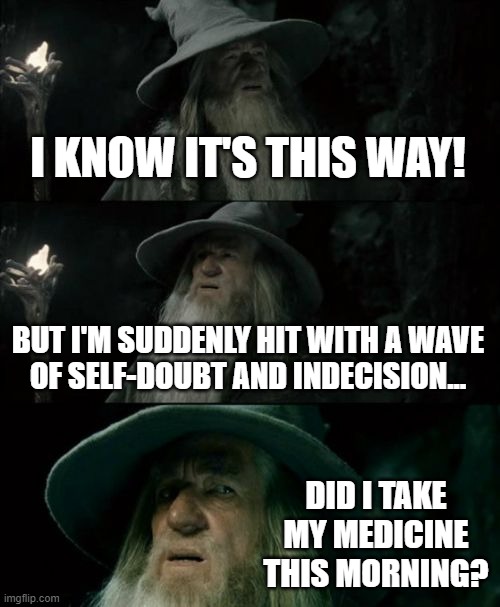 Confused Gandalf | I KNOW IT'S THIS WAY! BUT I'M SUDDENLY HIT WITH A WAVE
OF SELF-DOUBT AND INDECISION... DID I TAKE MY MEDICINE THIS MORNING? | image tagged in memes,confused gandalf | made w/ Imgflip meme maker
