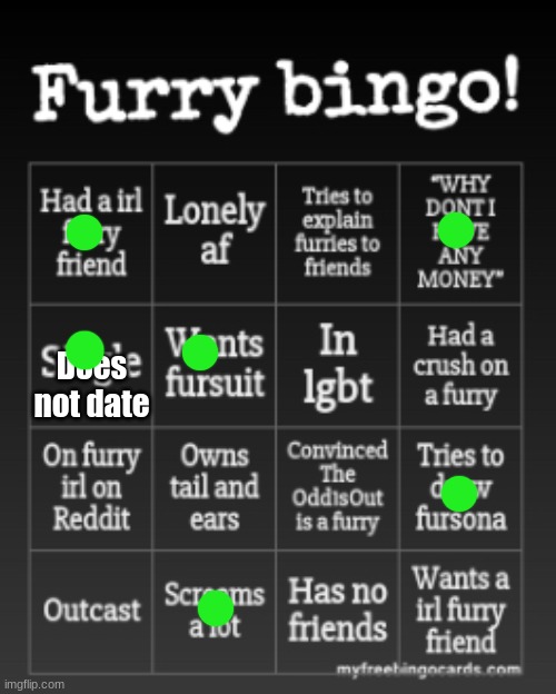 Wolfie's first Furry Bingo paper results | Does not date | image tagged in furry bingo | made w/ Imgflip meme maker