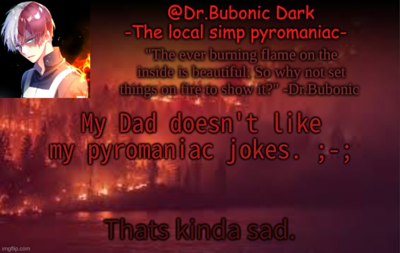 My Dad doesn't like my pyromaniac jokes. ;-;; Thats kinda sad. | image tagged in yes i am a pyromaniac | made w/ Imgflip meme maker