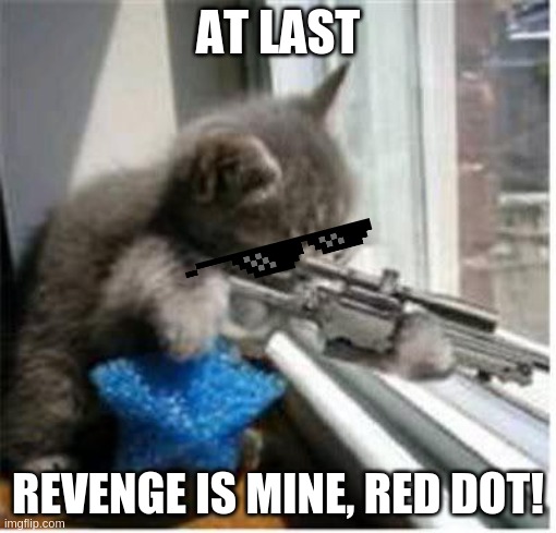 when cats learn how to snipe |  AT LAST; REVENGE IS MINE, RED DOT! | image tagged in cats with guns,funny | made w/ Imgflip meme maker