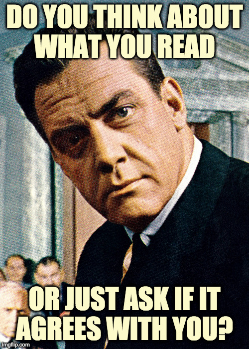 The major problem of polarization today | DO YOU THINK ABOUT
WHAT YOU READ; OR JUST ASK IF IT
AGREES WITH YOU? | image tagged in memes,perry mason,think about it,polarization | made w/ Imgflip meme maker