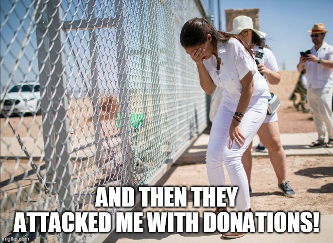 what an awful granddaughter | AND THEN THEY ATTACKED ME WITH DONATIONS! | image tagged in aoc discovers the existence of fences | made w/ Imgflip meme maker