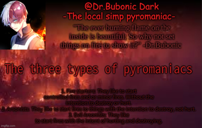 I'm in between Fire Starter and Arsonist | 1. Fire starters: They like to start controlled fires and or minor fires. Without the intention to destroy or hurt.
2. Arsonists: They like to start fires to things with the intention to destroy, not hurt.
3. Evil Arsonists: They like to start fires with the intent of hurting and destroying. The three types of pyromaniacs | image tagged in yes i am a pyromaniac | made w/ Imgflip meme maker
