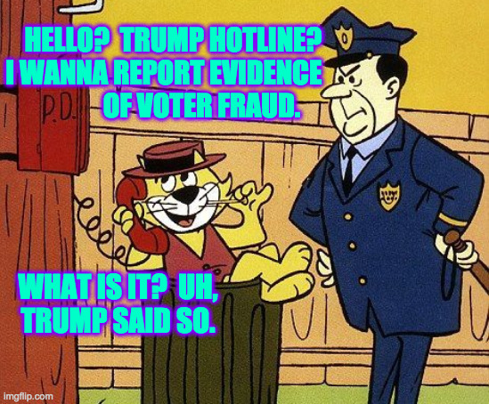 As far as I can see, this is what they have so far. | HELLO?  TRUMP HOTLINE? 
I WANNA REPORT EVIDENCE 
OF VOTER FRAUD. WHAT IS IT?  UH,
TRUMP SAID SO. | image tagged in memes,top cat,voter fraud | made w/ Imgflip meme maker