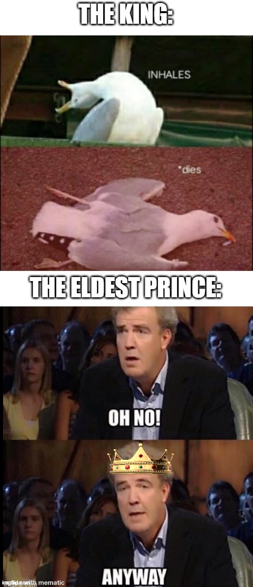 THE KING: THE ELDEST PRINCE: | image tagged in seagull dies,oh no anyway | made w/ Imgflip meme maker