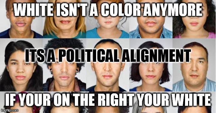 color is now political bias | WHITE ISN'T A COLOR ANYMORE; ITS A POLITICAL ALIGNMENT; IF YOUR ON THE RIGHT YOUR WHITE | image tagged in black,white,race,politics,brown | made w/ Imgflip meme maker
