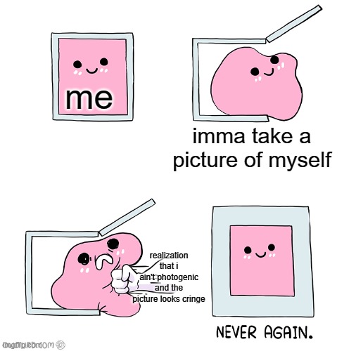 Pink Blob In the Box | me; imma take a picture of myself; realization that i ain't photogenic and the picture looks cringe | image tagged in pink blob in the box | made w/ Imgflip meme maker