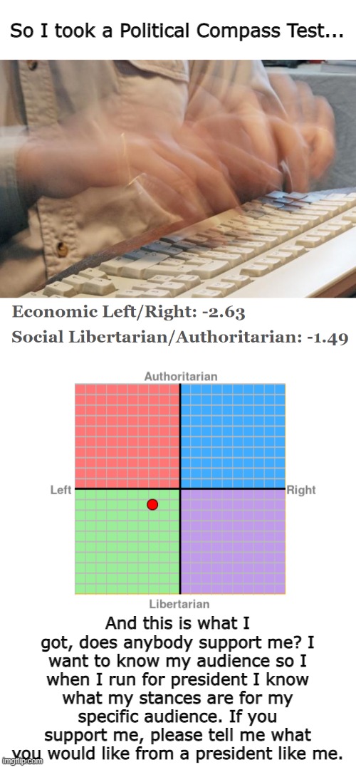 Hoping to know who's supporting me for August. | So I took a Political Compass Test... And this is what I got, does anybody support me? I want to know my audience so I when I run for president I know what my stances are for my specific audience. If you support me, please tell me what you would like from a president like me. | image tagged in typing fast | made w/ Imgflip meme maker