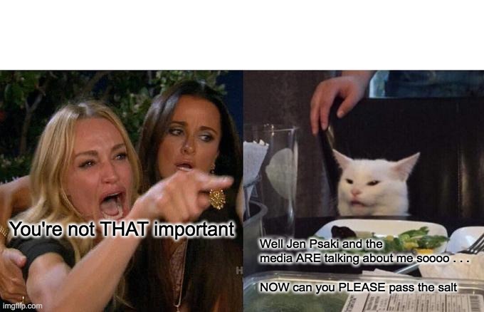 The cat is more important than the border - rohb/rupe | You're not THAT important; Well Jen Psaki and the media ARE talking about me soooo . . . 
               NOW can you PLEASE pass the salt | image tagged in memes,woman yelling at cat | made w/ Imgflip meme maker