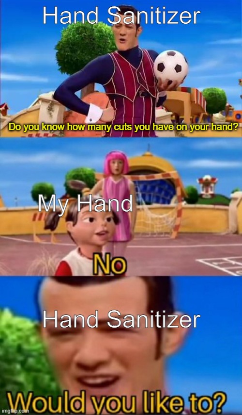 The Pain | Hand Sanitizer; Do you know how many cuts you have on your hand? My Hand; Hand Sanitizer | image tagged in would you like to | made w/ Imgflip meme maker