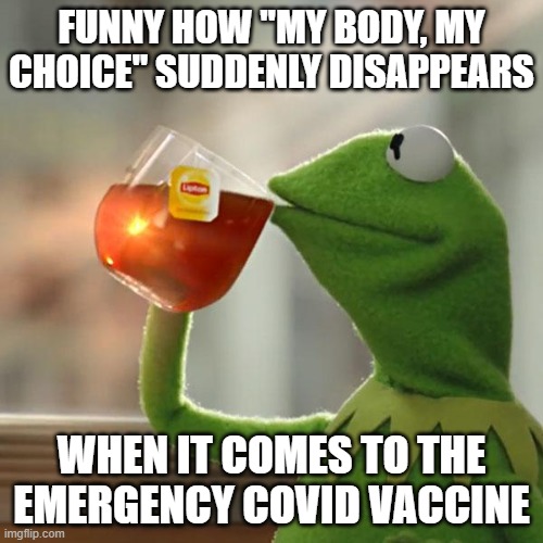 *cackles* | FUNNY HOW "MY BODY, MY CHOICE" SUDDENLY DISAPPEARS; WHEN IT COMES TO THE EMERGENCY COVID VACCINE | image tagged in memes,but that's none of my business,kermit the frog | made w/ Imgflip meme maker