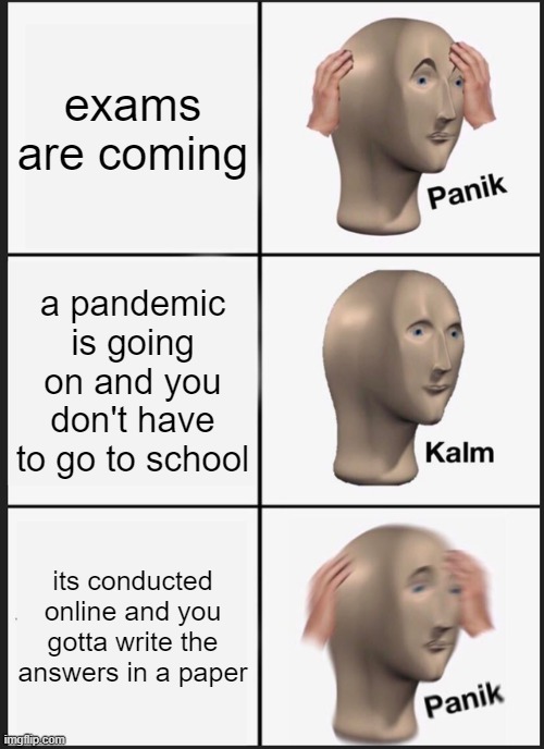 help | exams are coming; a pandemic is going on and you don't have to go to school; its conducted online and you gotta write the answers in a paper | image tagged in memes,panik kalm panik | made w/ Imgflip meme maker