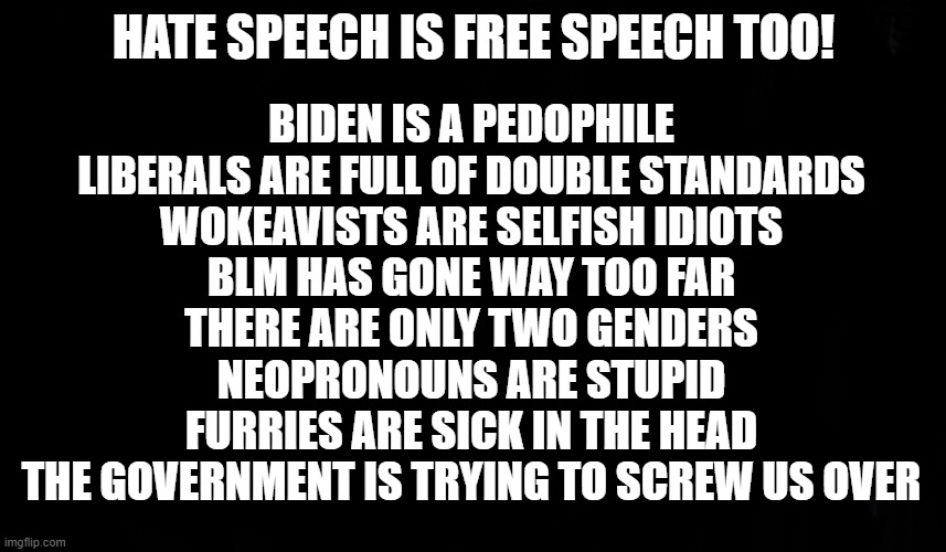 And you have every right to hate back. Go ahead! It's your constitutional right! | HATE SPEECH IS FREE SPEECH TOO! BIDEN IS A PEDOPHILE
LIBERALS ARE FULL OF DOUBLE STANDARDS
WOKEAVISTS ARE SELFISH IDIOTS
BLM HAS GONE WAY TOO FAR
THERE ARE ONLY TWO GENDERS
NEOPRONOUNS ARE STUPID
FURRIES ARE SICK IN THE HEAD
THE GOVERNMENT IS TRYING TO SCREW US OVER | image tagged in black page blank | made w/ Imgflip meme maker