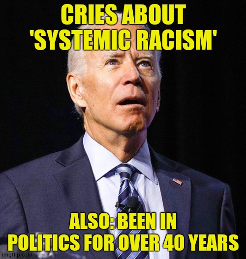 Whatcha been doing all these years? | CRIES ABOUT 'SYSTEMIC RACISM'; ALSO: BEEN IN POLITICS FOR OVER 40 YEARS | image tagged in joe biden,memes,kyile minogue is a ditchpig | made w/ Imgflip meme maker