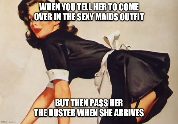 Maid Cleaning | WHEN YOU TELL HER TO COME OVER IN THE SEXY MAIDS OUTFIT; BUT THEN PASS HER THE DUSTER WHEN SHE ARRIVES | image tagged in maids are underpaid | made w/ Imgflip meme maker