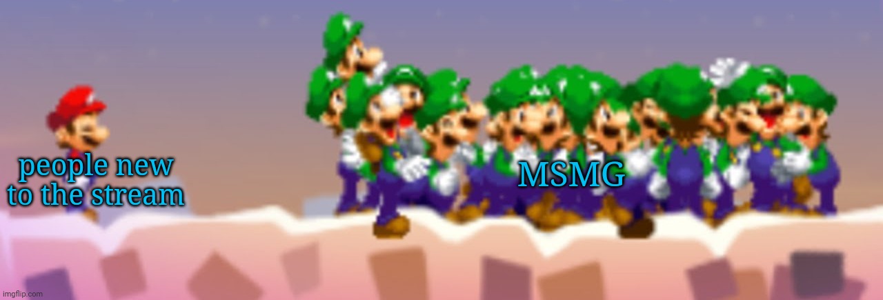 basically. | people new to the stream; MSMG | image tagged in luigi,mario | made w/ Imgflip meme maker