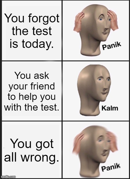 Bruh | You forgot the test is today. You ask your friend to help you with the test. You got all wrong. | image tagged in memes,panik kalm panik | made w/ Imgflip meme maker