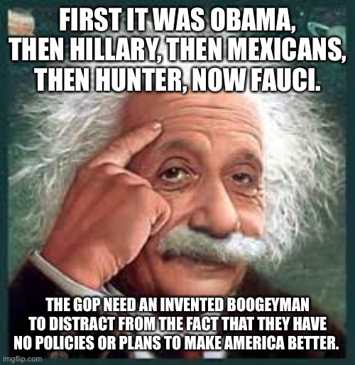 AA A eistien einstien | FIRST IT WAS OBAMA, THEN HILLARY, THEN MEXICANS, THEN HUNTER, NOW FAUCI. THE GOP NEED AN INVENTED BOOGEYMAN TO DISTRACT FROM THE FACT THAT THEY HAVE NO POLICIES OR PLANS TO MAKE AMERICA BETTER. | image tagged in aa a eistien einstien | made w/ Imgflip meme maker