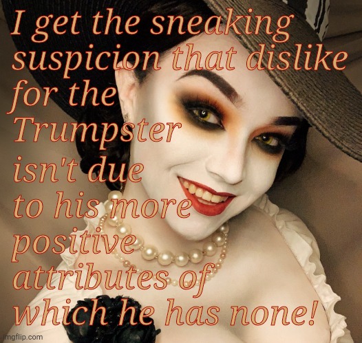Lady Dimitrescu Resident Evil Village | I get the sneaking suspicion that dislike for the            Trumpster isn't due to his more  positive attributes of which he has none! | image tagged in lady dimitrescu resident evil village | made w/ Imgflip meme maker