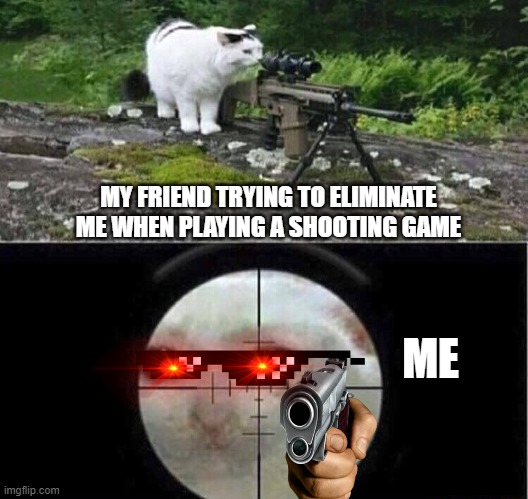 Sniper cat | MY FRIEND TRYING TO ELIMINATE ME WHEN PLAYING A SHOOTING GAME; ME | image tagged in sniper cat | made w/ Imgflip meme maker