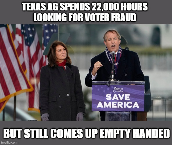 Indicted TX GOP official fails to prove mass voter fraud 22,000 hrs later | TEXAS AG SPENDS 22,000 HOURS 
LOOKING FOR VOTER FRAUD; BUT STILL COMES UP EMPTY HANDED | image tagged in trump,election 2020,gop scam,ken paxton,corrupt,texas | made w/ Imgflip meme maker