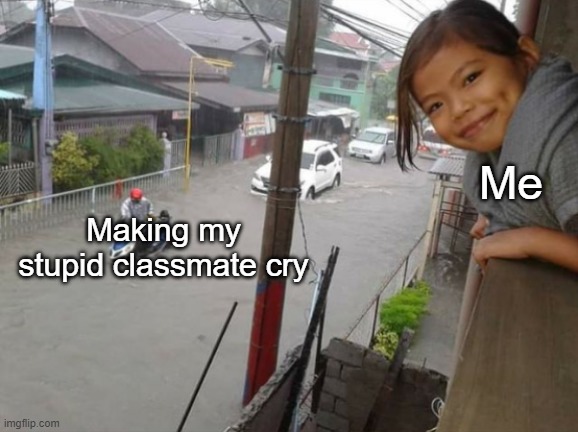 flood girl | Me; Making my stupid classmate cry | image tagged in flood girl | made w/ Imgflip meme maker