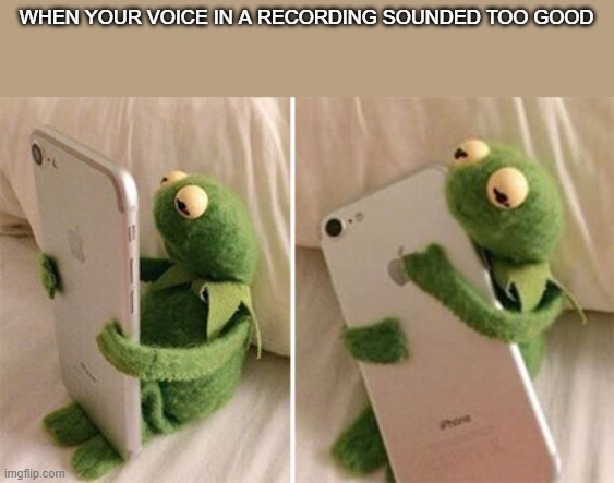 Kermit Hugging Phone | WHEN YOUR VOICE IN A RECORDING SOUNDED TOO GOOD | image tagged in kermit hugging phone | made w/ Imgflip meme maker