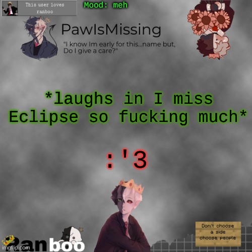 Paw's Ranboo temp | Mood: meh; *laughs in I miss Eclipse so fucking much*; :'3 | image tagged in paw's ranboo temp | made w/ Imgflip meme maker