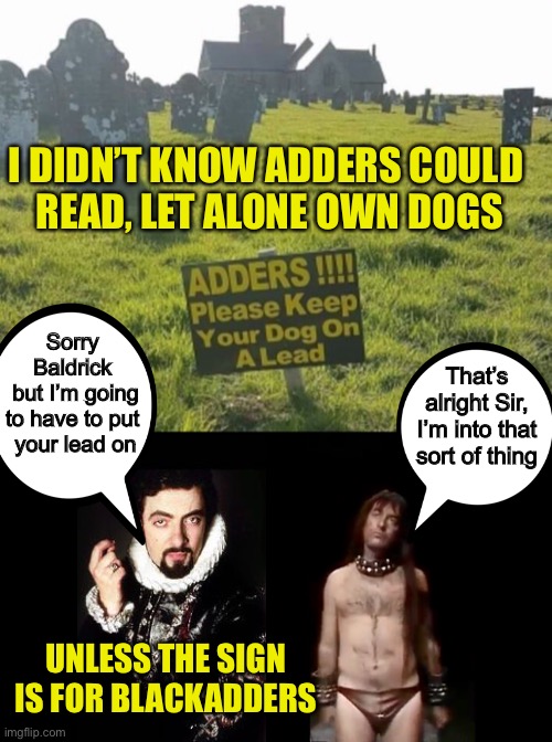Blackadder goes forth, poop bag in hand | I DIDN’T KNOW ADDERS COULD 
READ, LET ALONE OWN DOGS; That’s alright Sir, I’m into that sort of thing; Sorry 
Baldrick 
but I’m going
to have to put 
your lead on; UNLESS THE SIGN IS FOR BLACKADDERS | image tagged in blackadder,funny signs | made w/ Imgflip meme maker