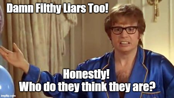 Austin Powers Honestly Meme | Damn Filthy Liars Too! Honestly! 
Who do they think they are? | image tagged in memes,austin powers honestly | made w/ Imgflip meme maker