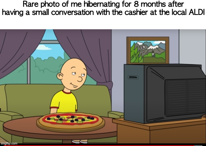 Introvert Problems | Rare photo of me hibernating for 8 months after having a small conversation with the cashier at the local ALDI | image tagged in caillou eating pizza and watching tv,funny,memes,funny memes,introvert,introverts | made w/ Imgflip meme maker