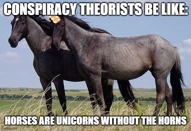It do be true tho | CONSPIRACY THEORISTS BE LIKE:; HORSES ARE UNICORNS WITHOUT THE HORNS | image tagged in horse and unicorn | made w/ Imgflip meme maker