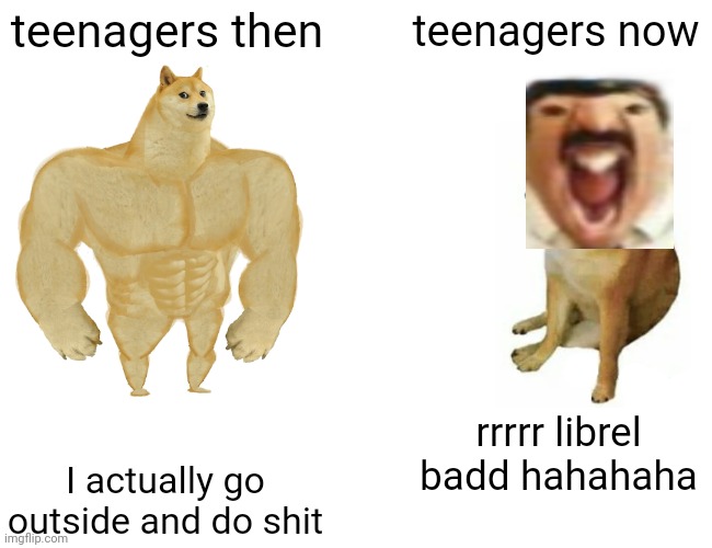 Buff Doge vs. Cheems Meme | teenagers then teenagers now I actually go outside and do shit rrrrr librel badd hahahaha | image tagged in memes,buff doge vs cheems | made w/ Imgflip meme maker