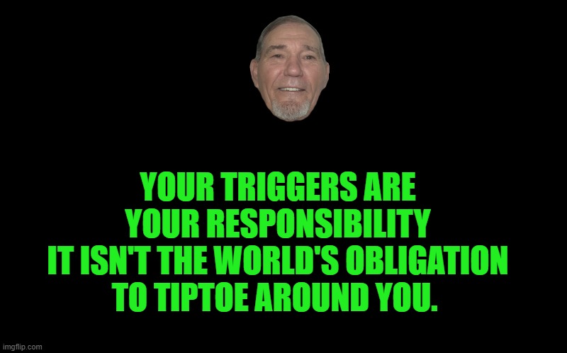 black screen | YOUR TRIGGERS ARE YOUR RESPONSIBILITY
IT ISN'T THE WORLD'S OBLIGATION TO TIPTOE AROUND YOU. | image tagged in black screen | made w/ Imgflip meme maker